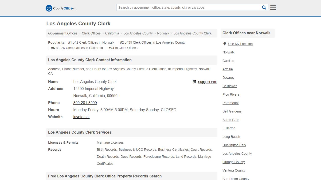 Los Angeles County Clerk - Norwalk, CA (Address, Phone, and Hours)